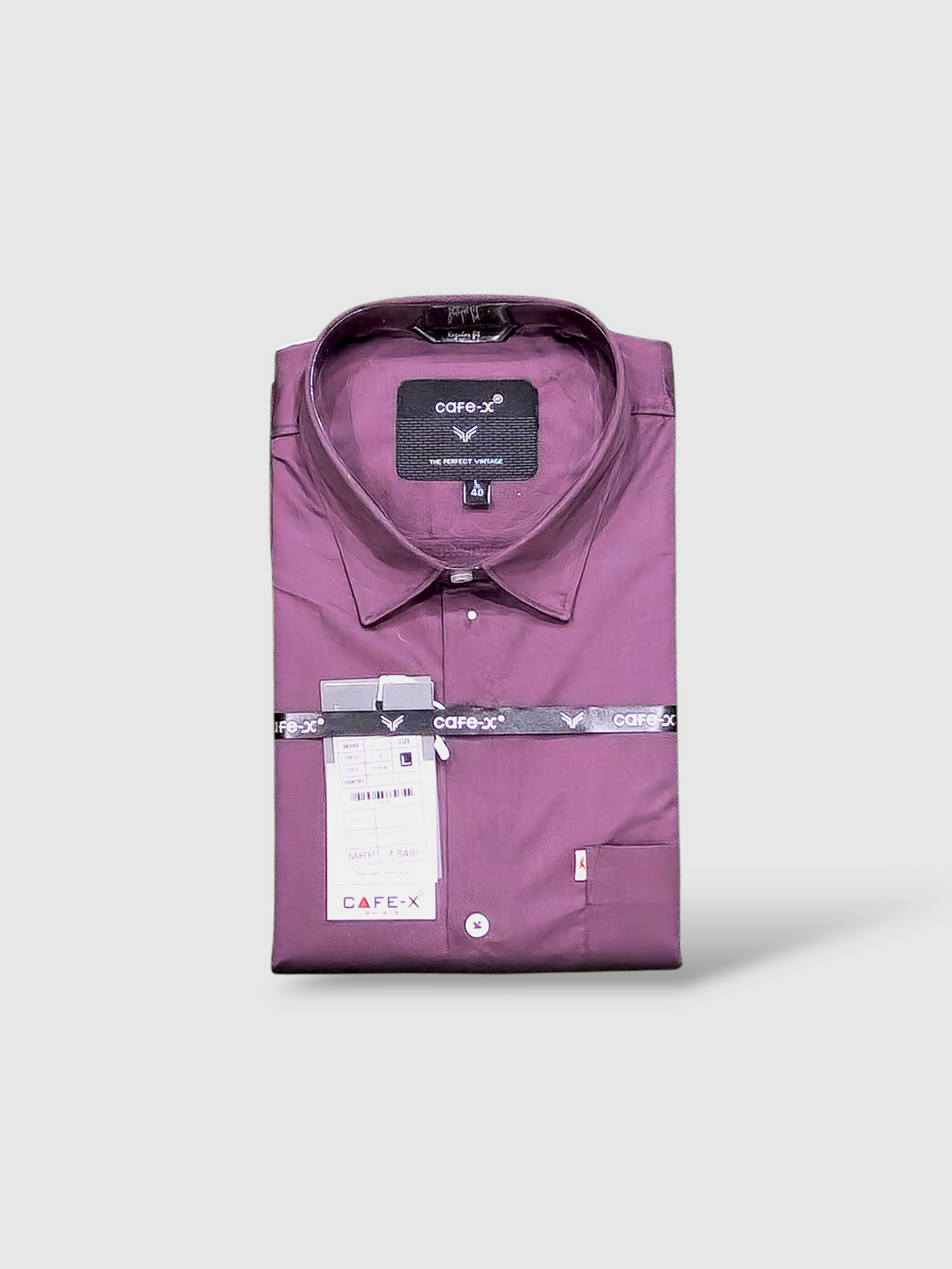 Purple shirt with a cafe-x brand label on a light gray background
