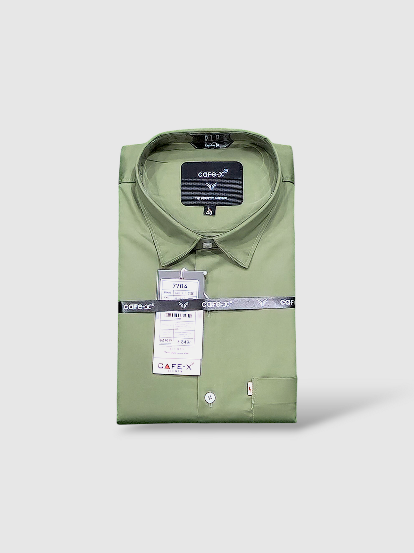 Dusty Green shirt with Cafe-X labels on a white background