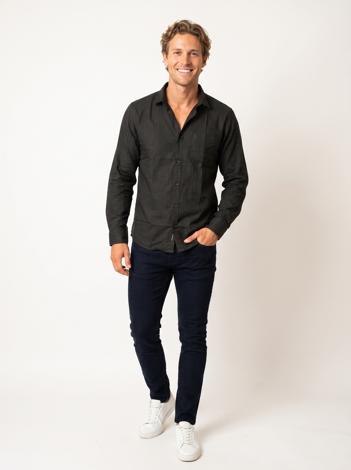 CAFE-X cotton dobby mini checks shirt in bottle green, styled for smart-casual wear