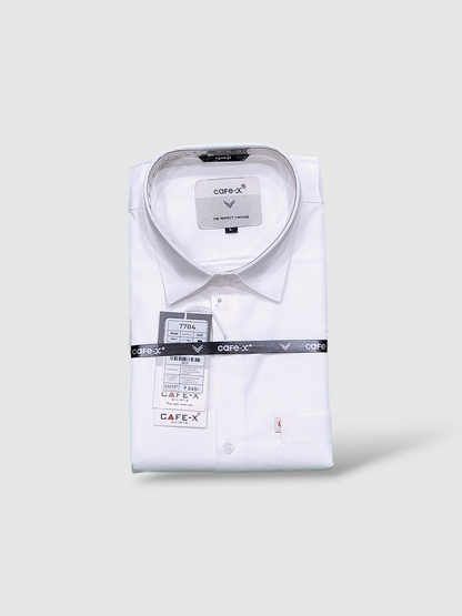 Folded white shirt with Cafe-X labels on a light gray background