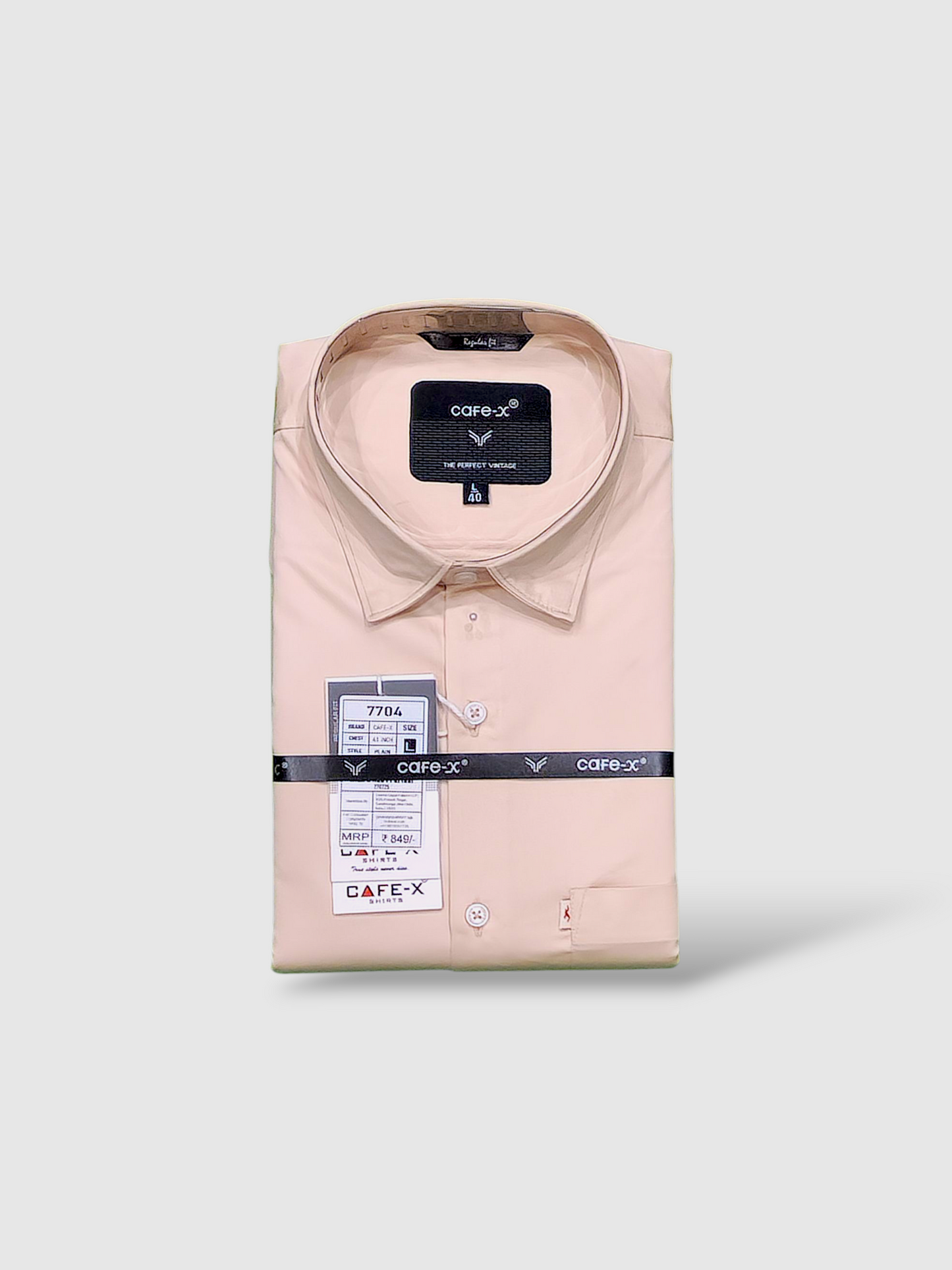 beige shirt with Cafe-x labels on a white background