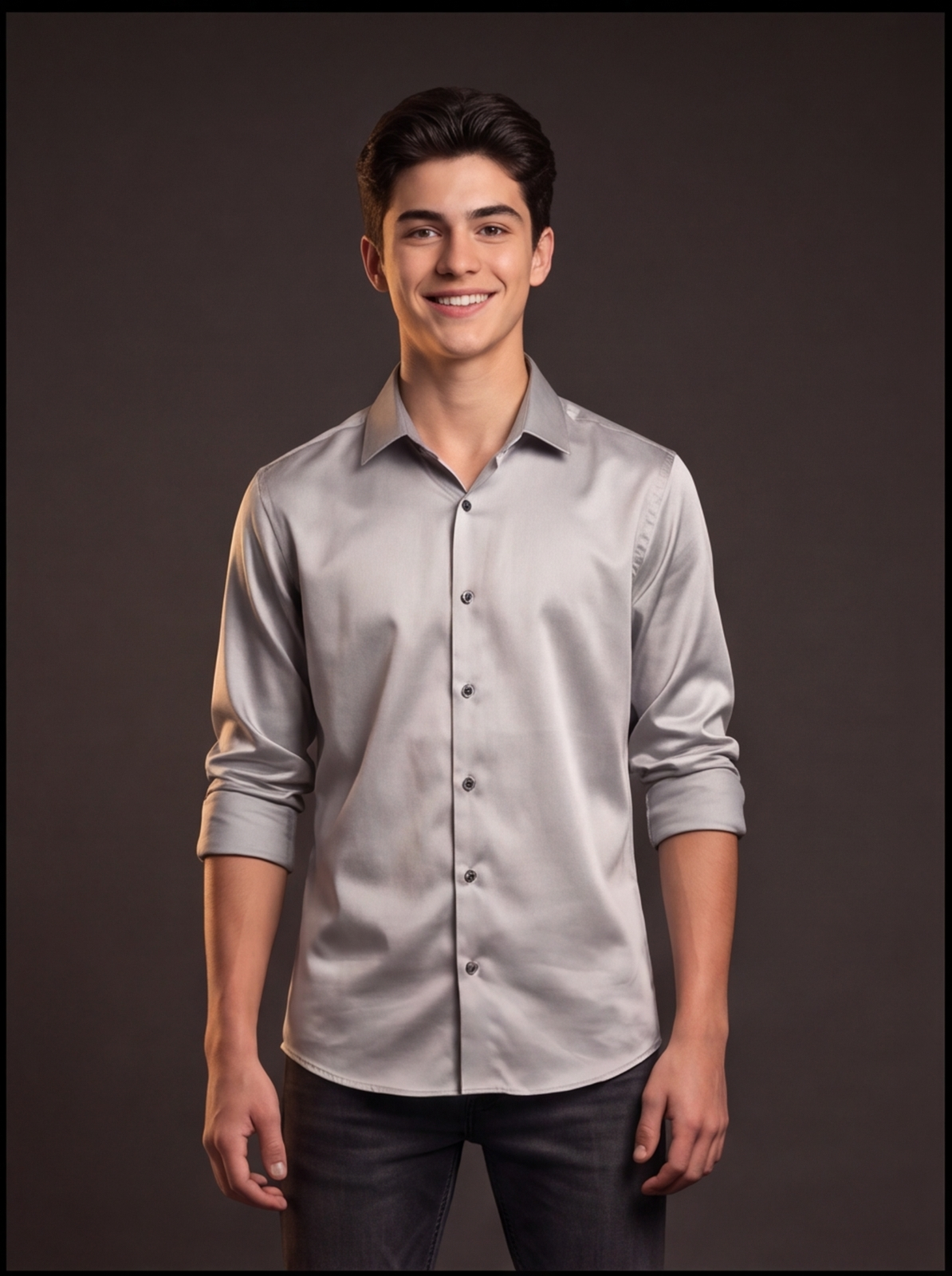 DIO Boys Party Wear Satin Shirt, Silver, front view