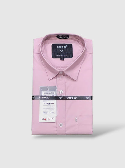 Pink dress shirt with Cafe-X labels on a light gray background