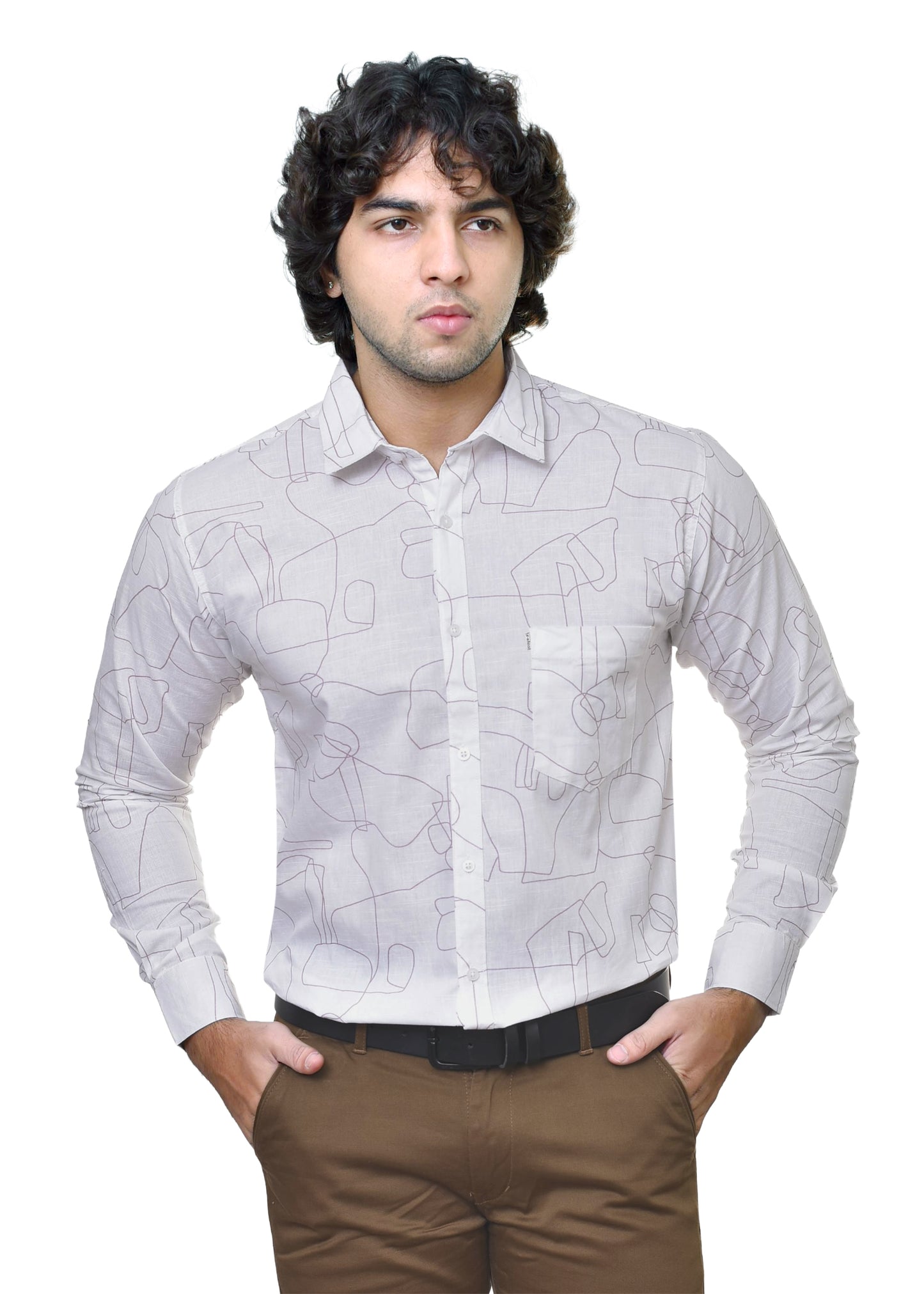 Man wearing a white patterned shirt and brown pants on a white background