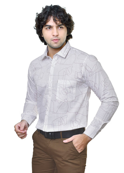 Man wearing a white patterned shirt and brown pants on a white background