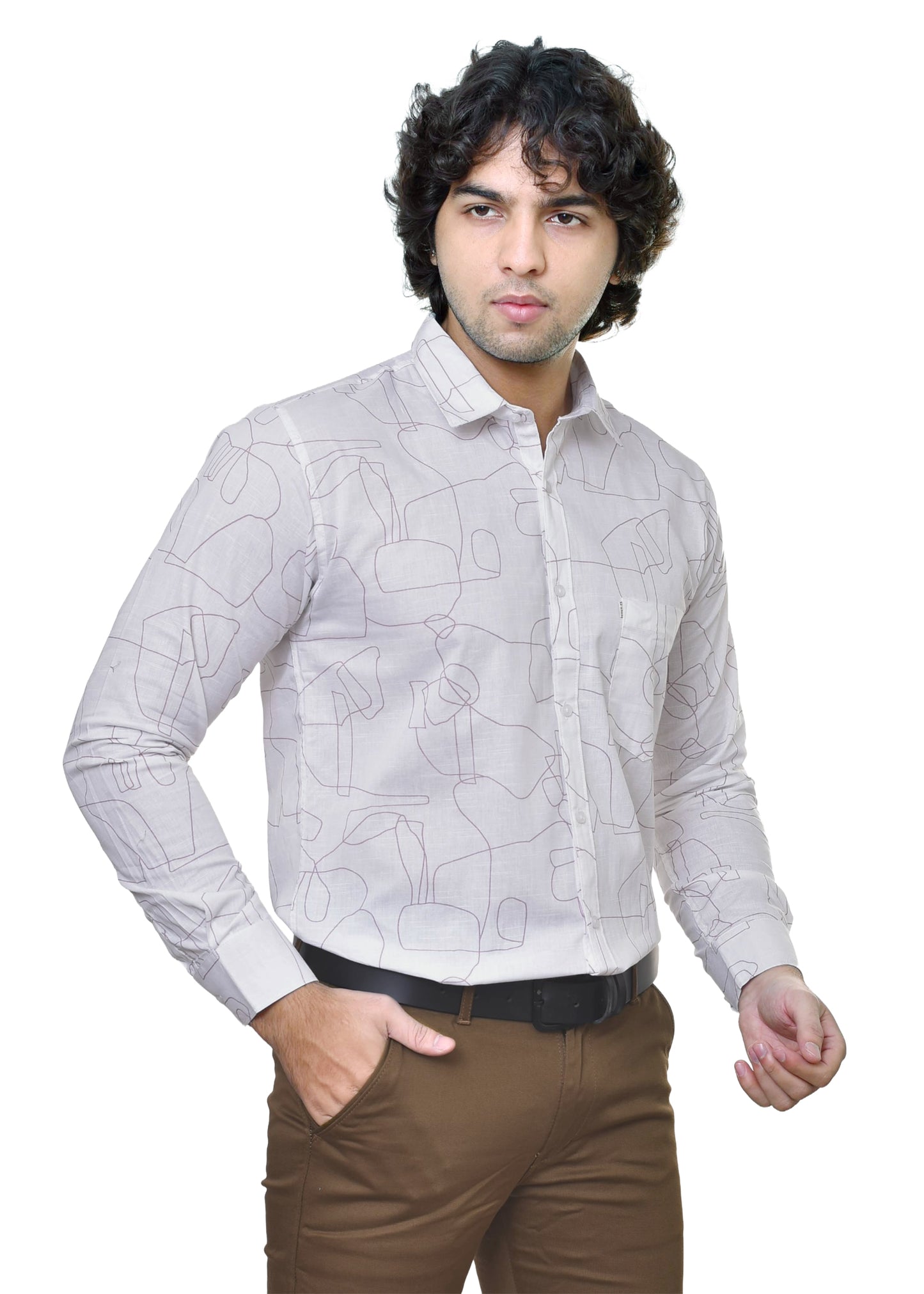 Man wearing a white linen patterned shirt and brown pants on a white background