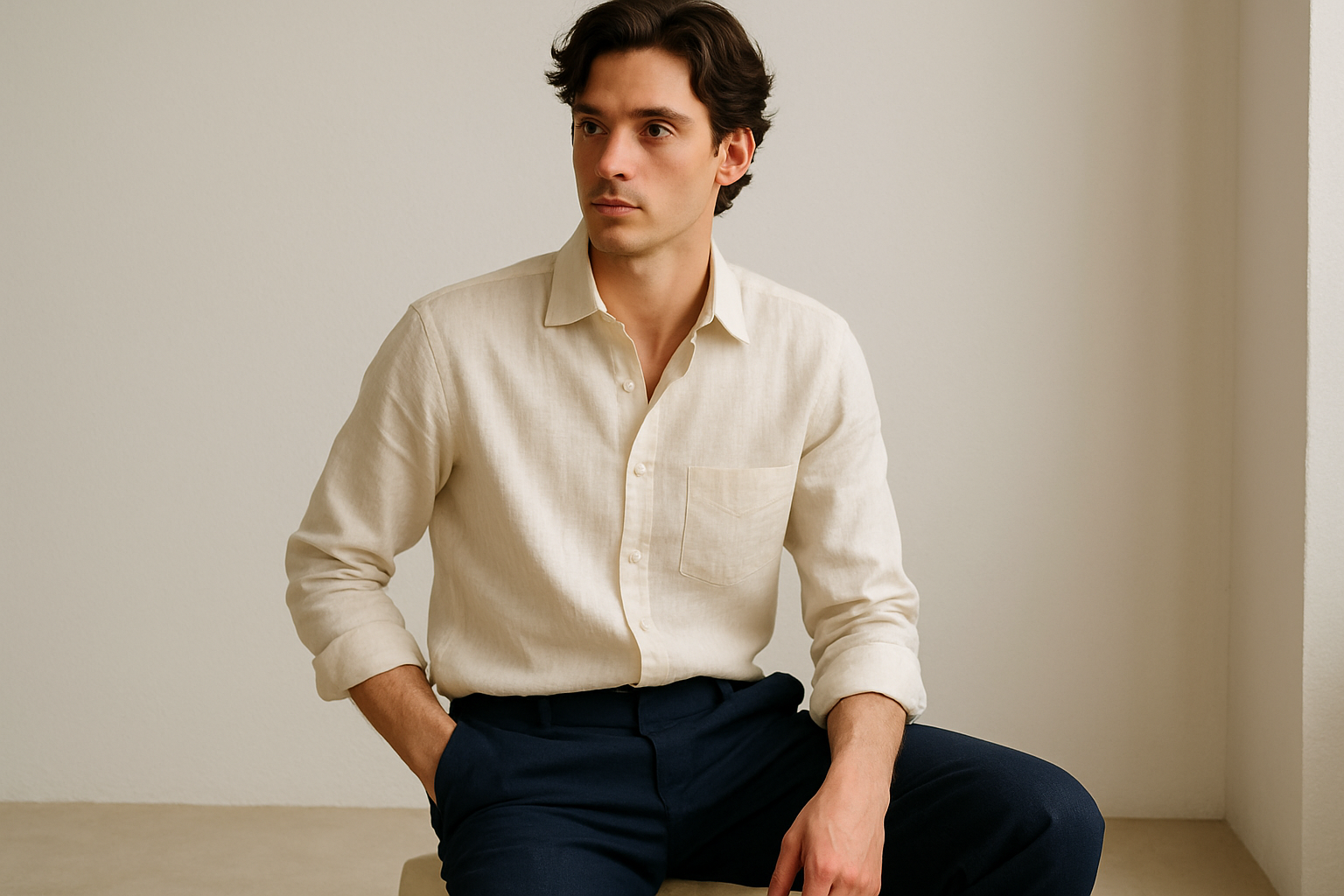A MODEL WEARING CREAM COLOUR LINEN SHIRT WITH NAVY TROUSERS FOR WEEKEND OUTFIT