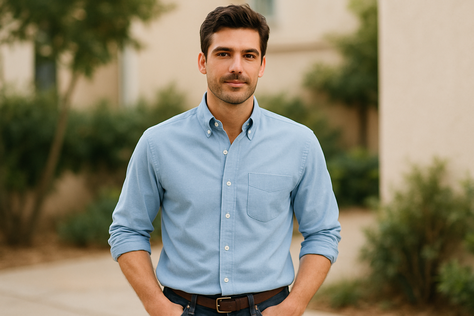 A MODEL WEARING LIGHT BLUE OXFORD SHIRT FOR A WEEKEND CASUAL OUTFIT