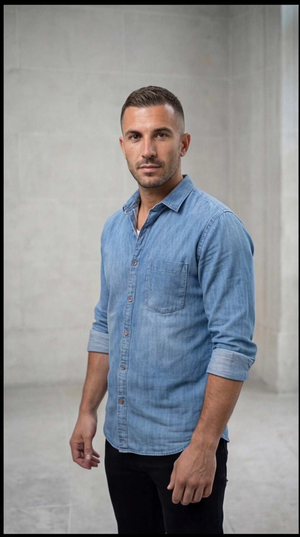 Cafe-X Men's Pure Denim Shirt, Ice wash, front view