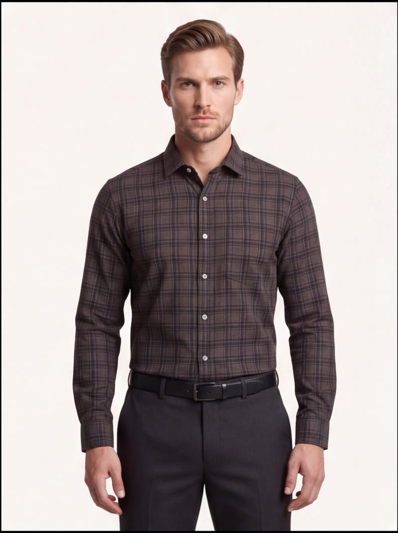 Cafe-X Men's 100% Cotton Checked Shirt | Maroon & Blue Check | Single Pocket | Regular Fit | M L XL XXL
