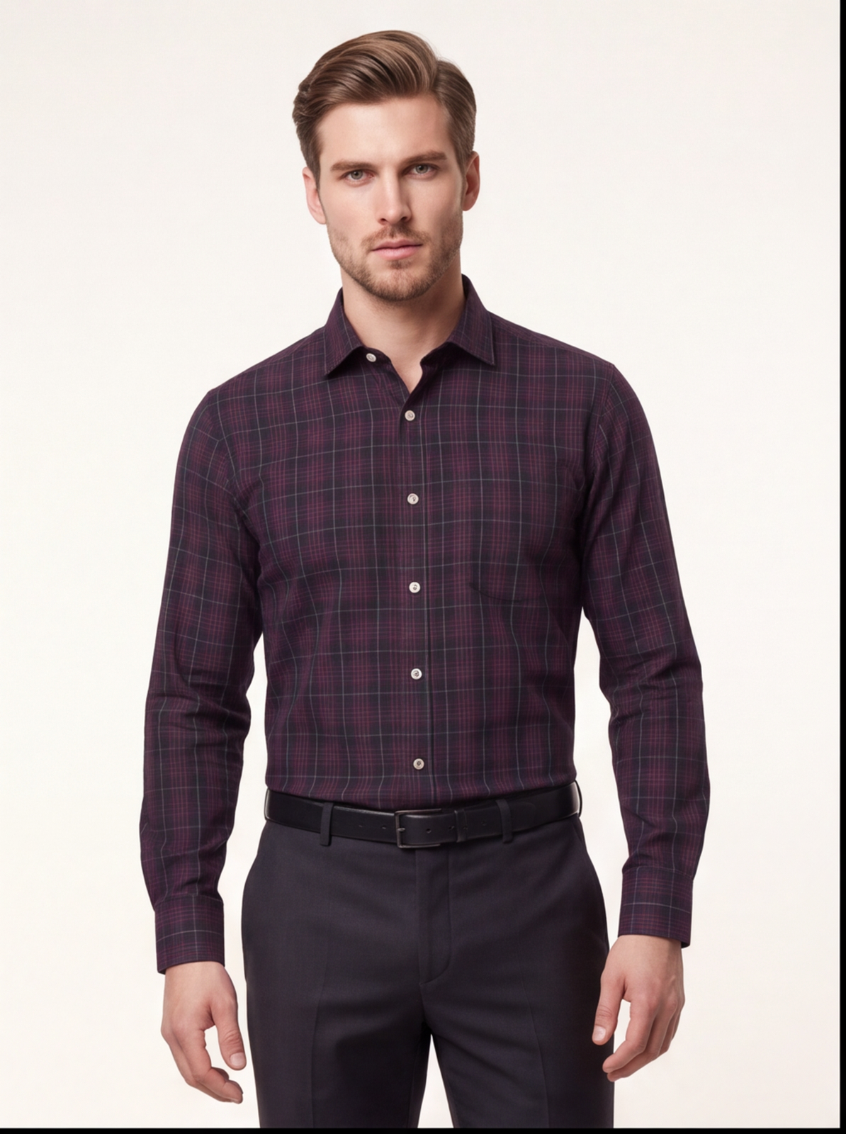 Cafe-X men's 100% cotton checked shirt, Grey and Red check