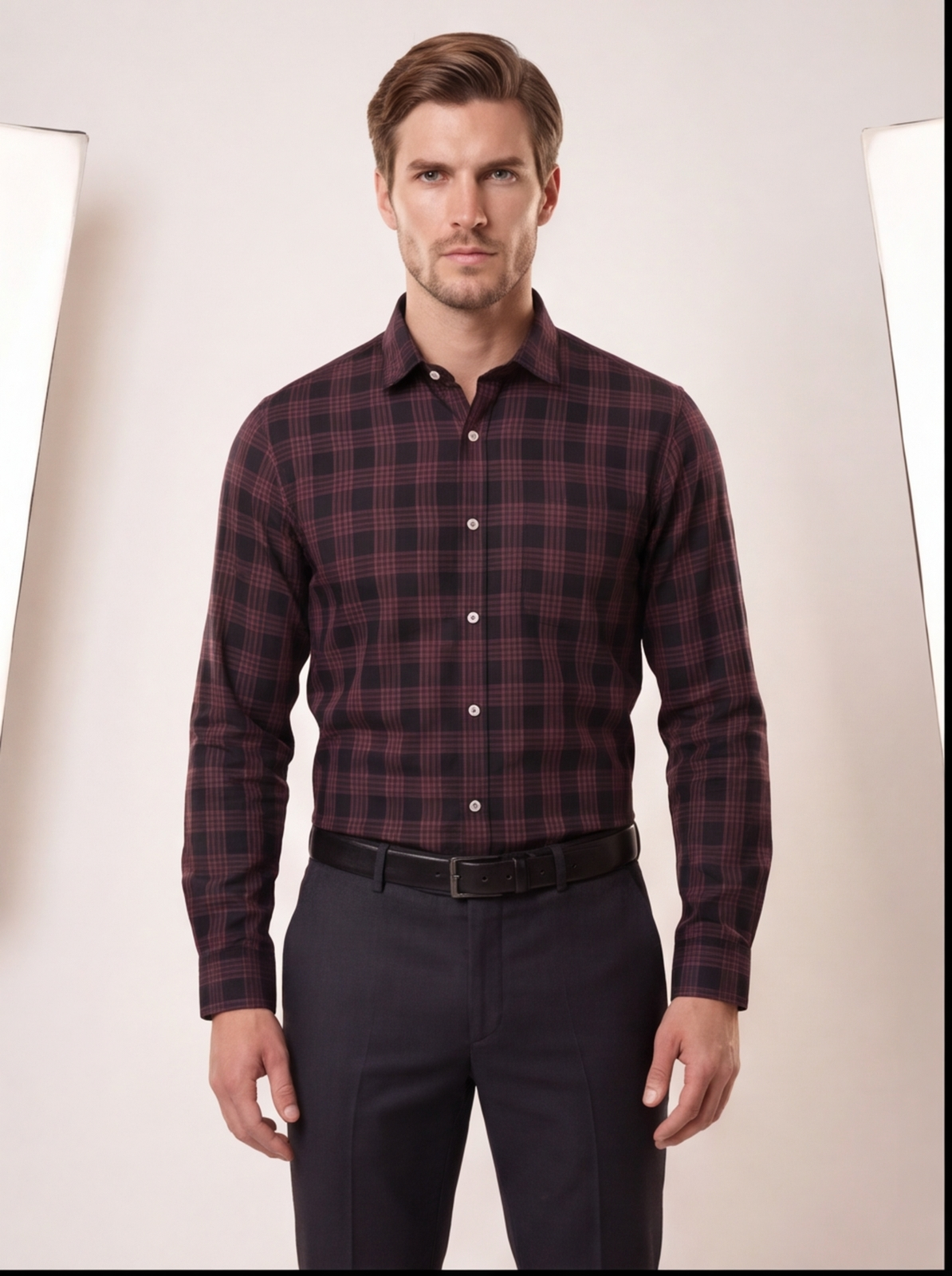 Cafe-X men's 100% cotton checked shirt, Red and Grey check