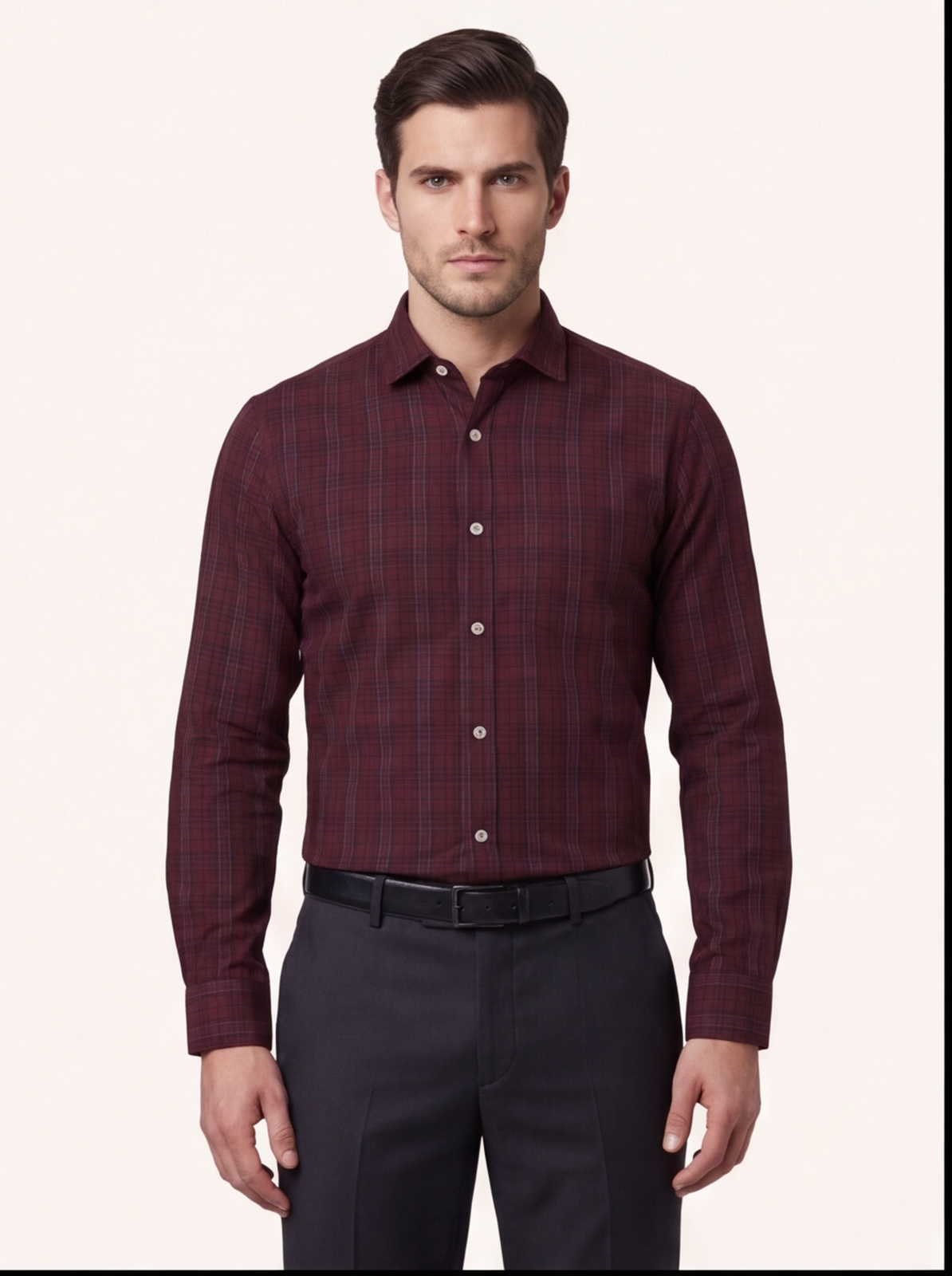 Cafe-X men's 100% cotton checked shirt, Airforce and Maroon check