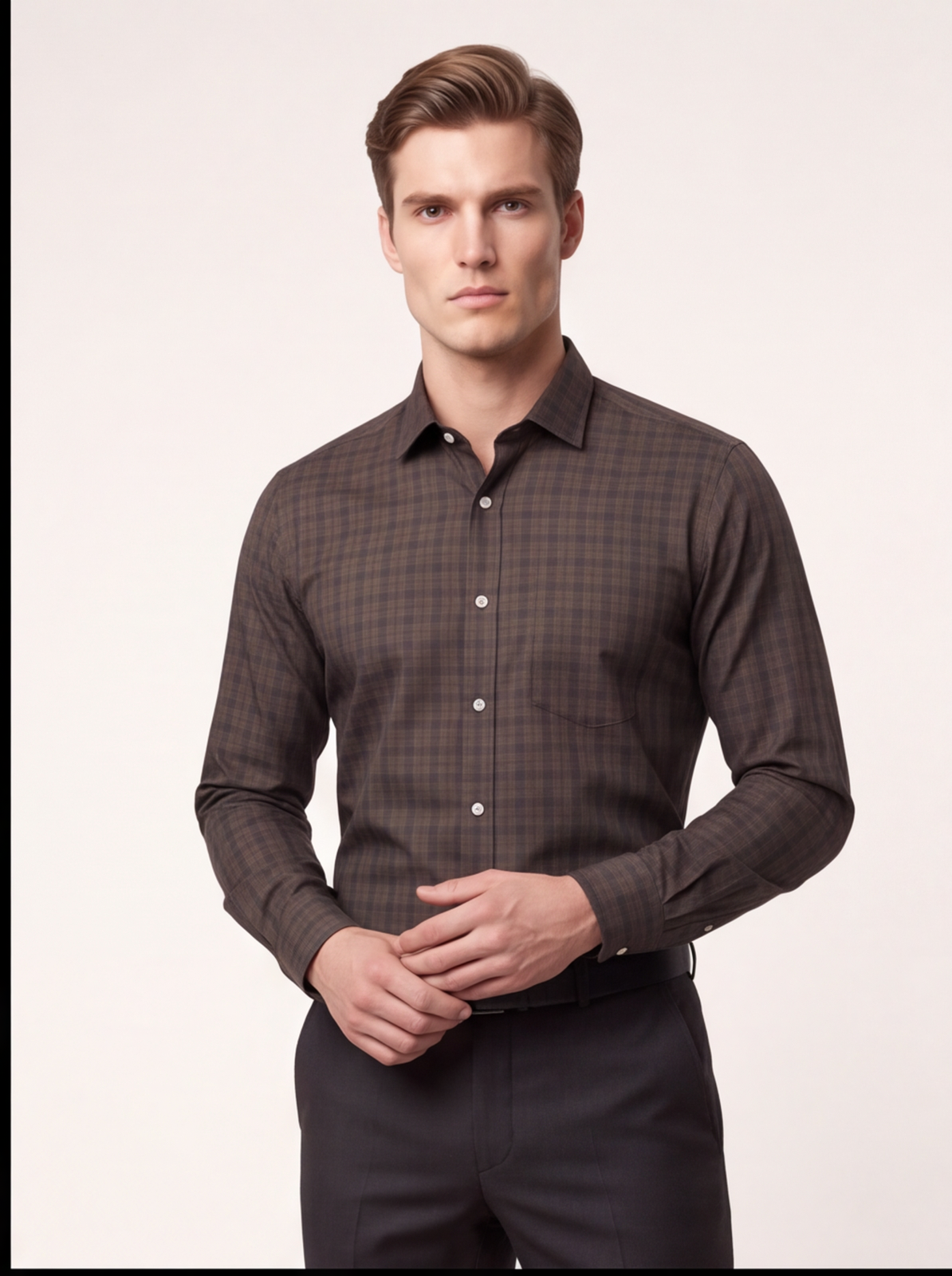 Cafe-X men's 100% cotton checked shirt, Beige and Grey check