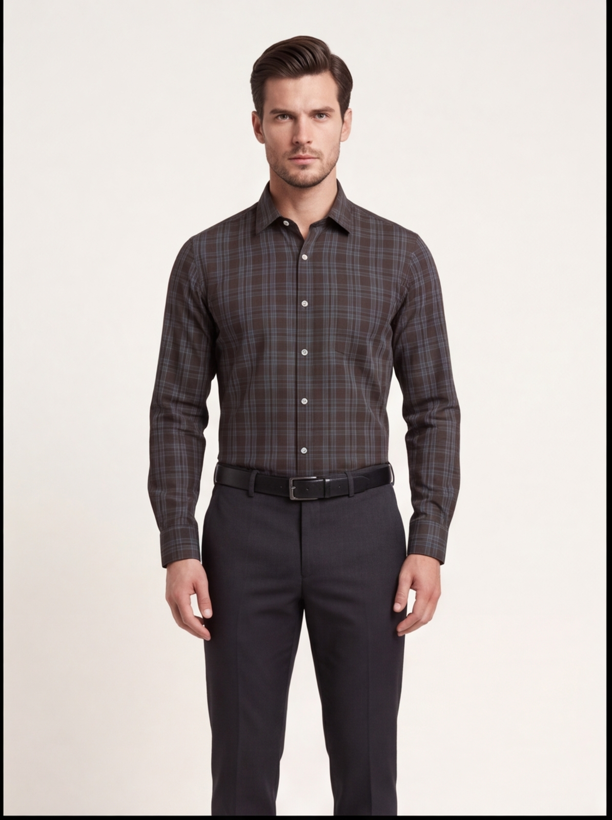 Cafe-X men's 100% cotton checked shirt, Coffee and Airforce check