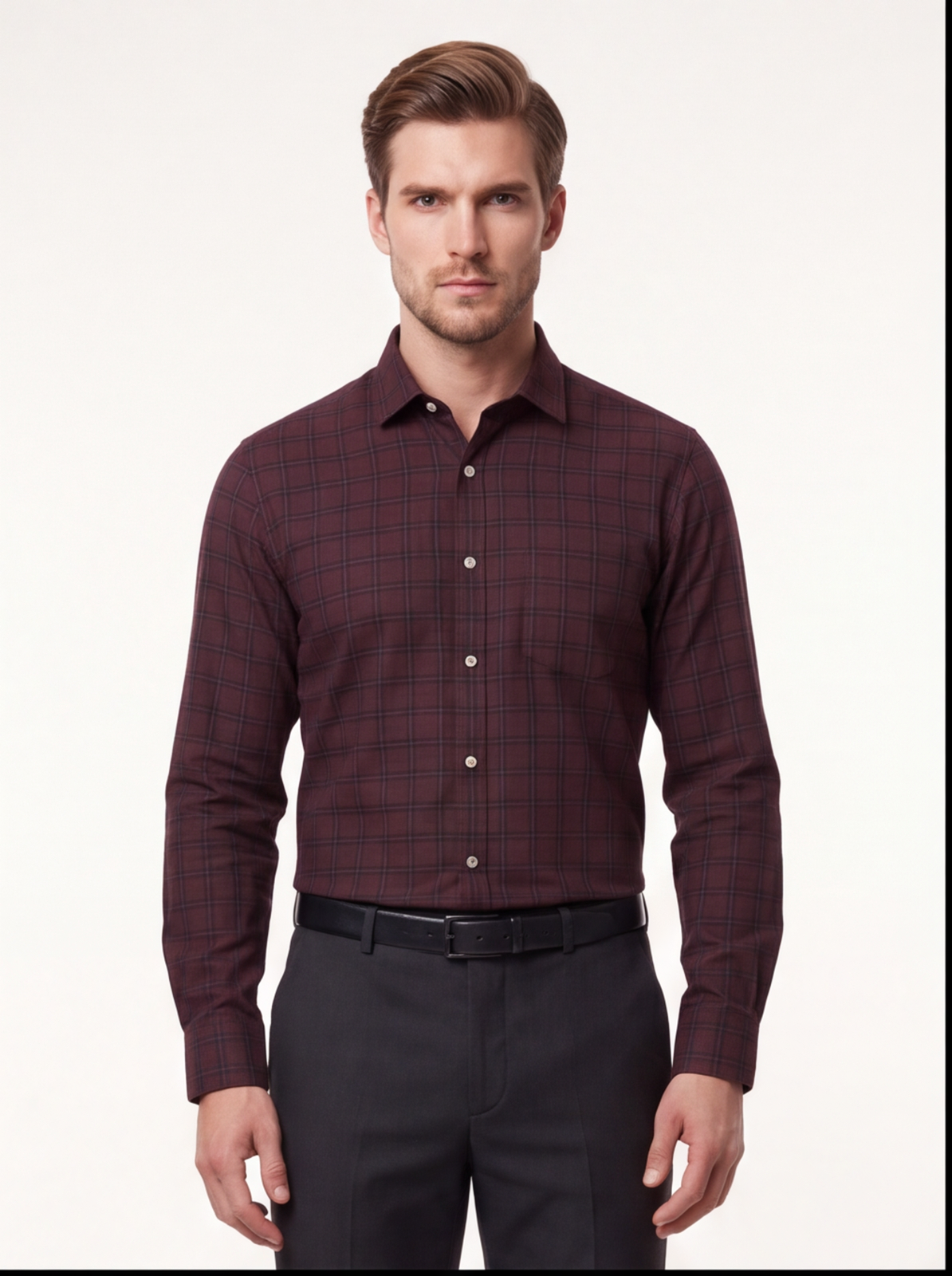 Cafe-X men's 100% cotton checked shirt, Grey and Maroon check