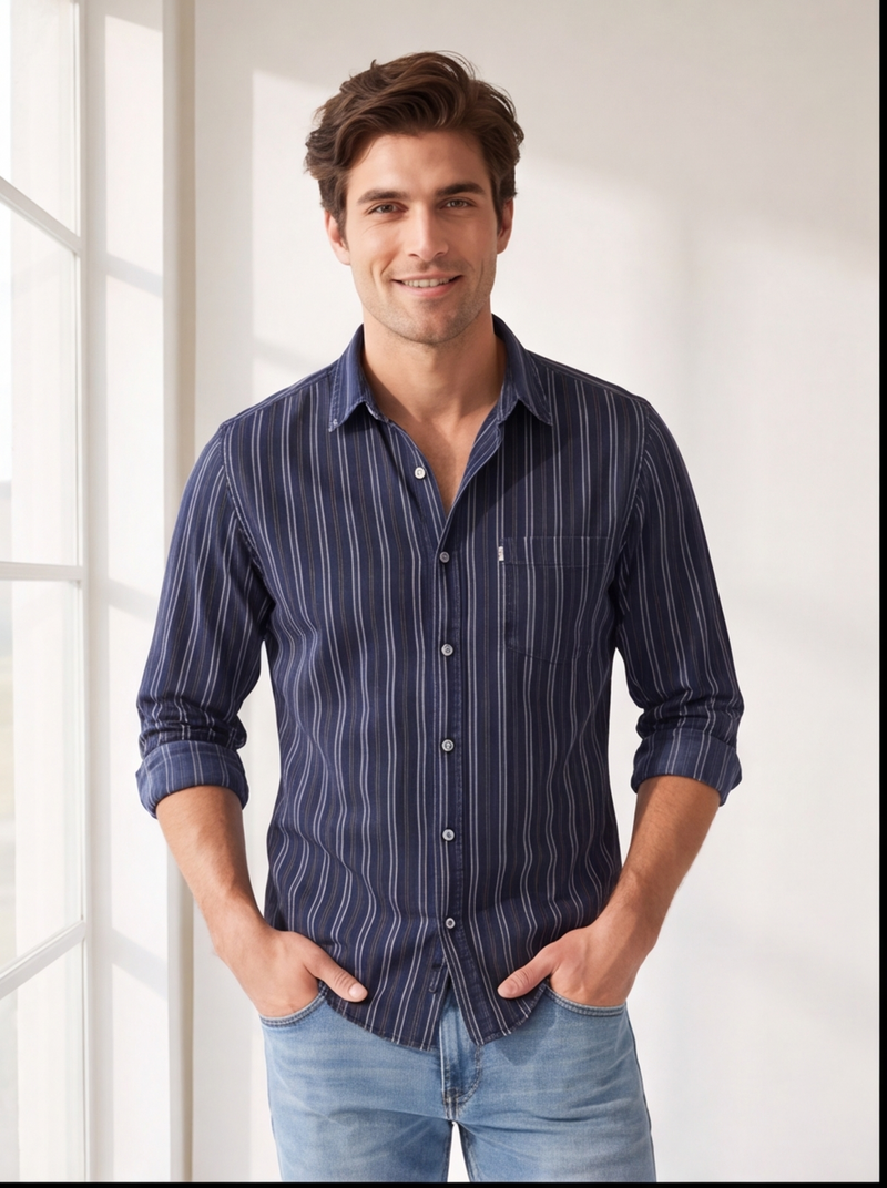 Cafe-X Men's Indigo Stripes Shirt | Washed Denim-Effect Striped Fabric | Premium Mill Quality | Regular Fit | M L XL – Design 1