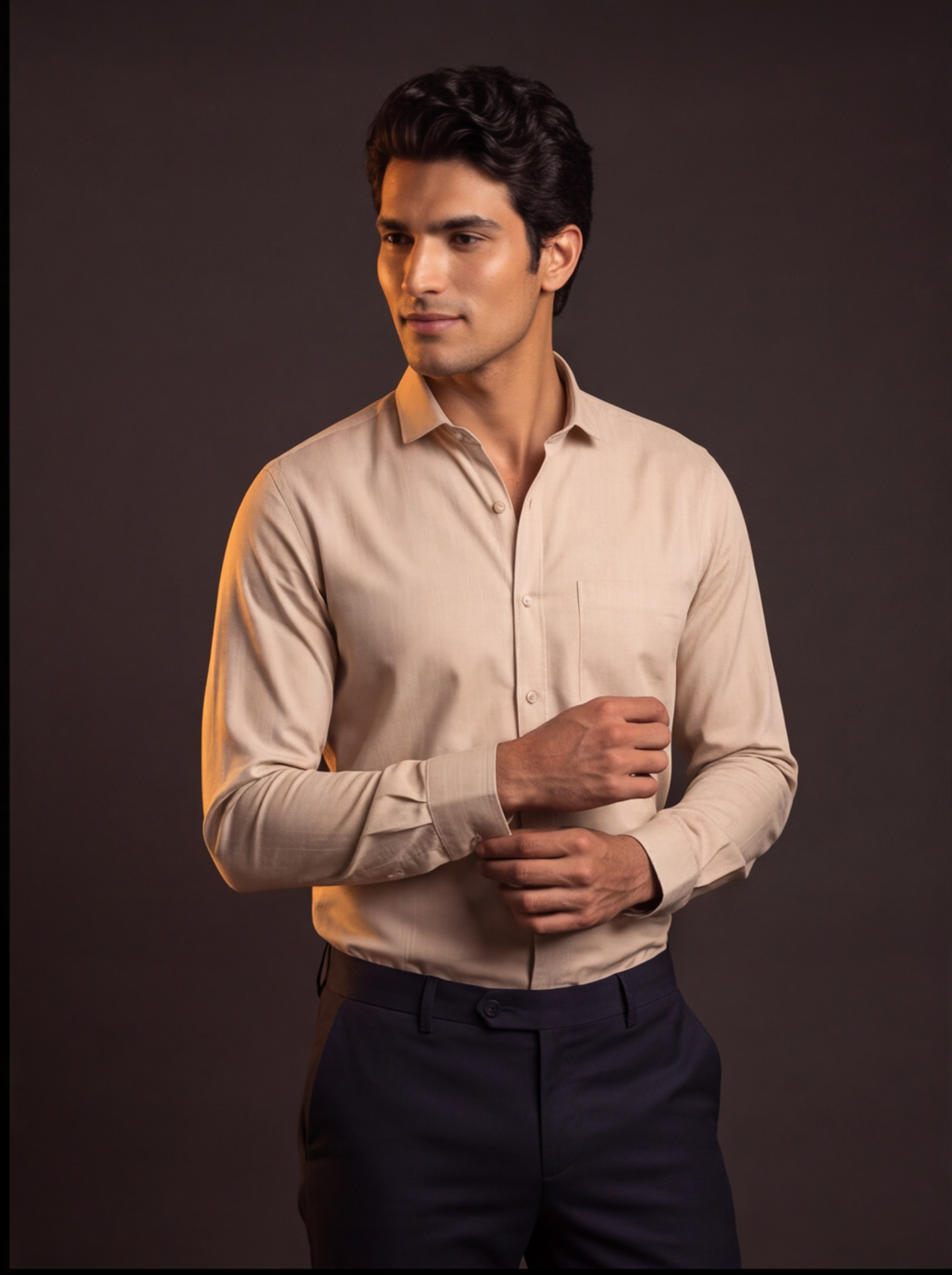 Cafe-X Men's Cotton Dobby Party Shirt, Design 11, Beige, worn by model