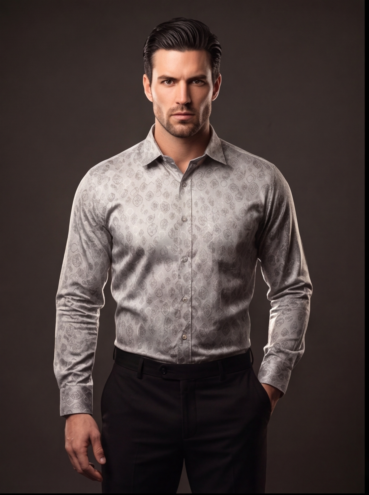 Cafe-X Men's Satin Print Party Shirt, Design 5, Grey, front view