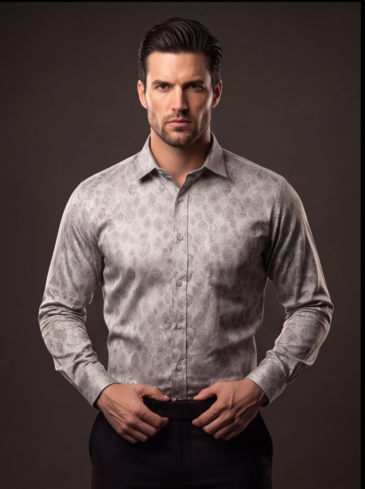 Cafe-X Men's Satin Print Party Shirt, Design 5, Grey, worn by model