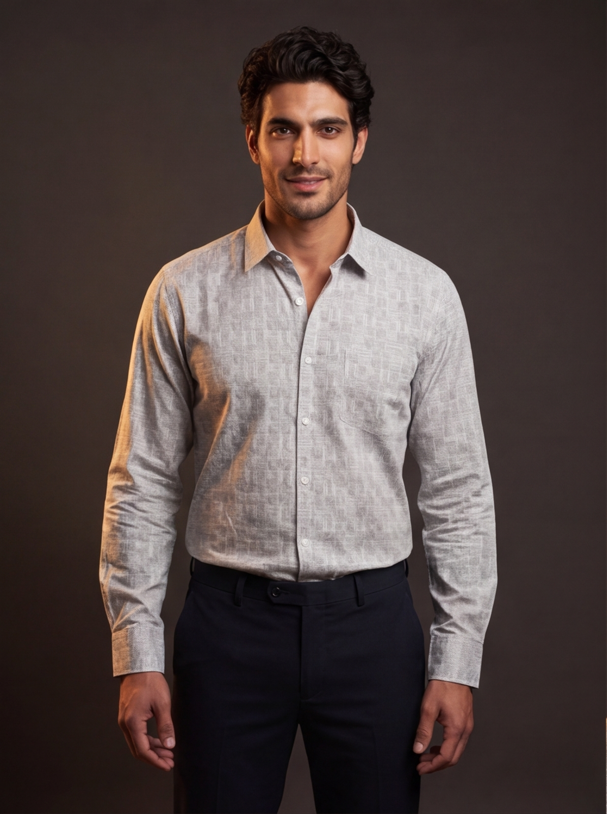 Cafe-X Men's Premium Dobby Print Shirt Design 20, Grey, front view