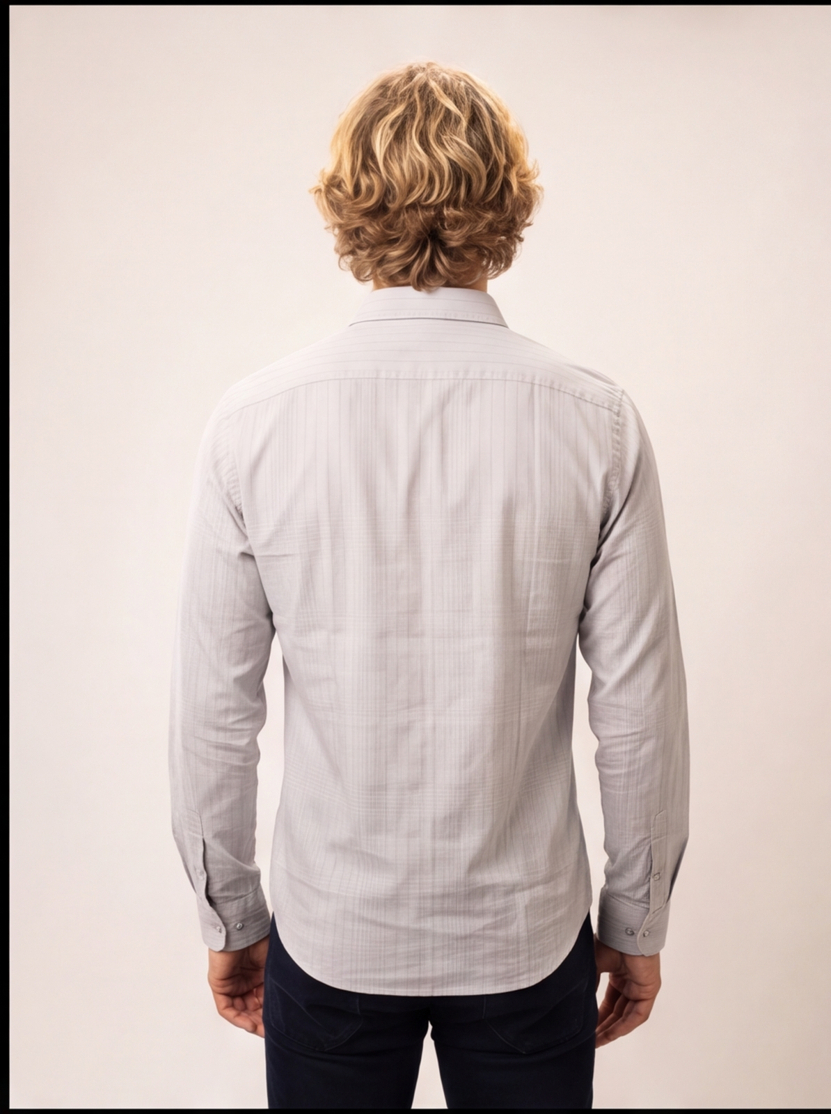 Cafe-X Men's Cotton Dobby Mini Checks Shirt, Light Grey, back view