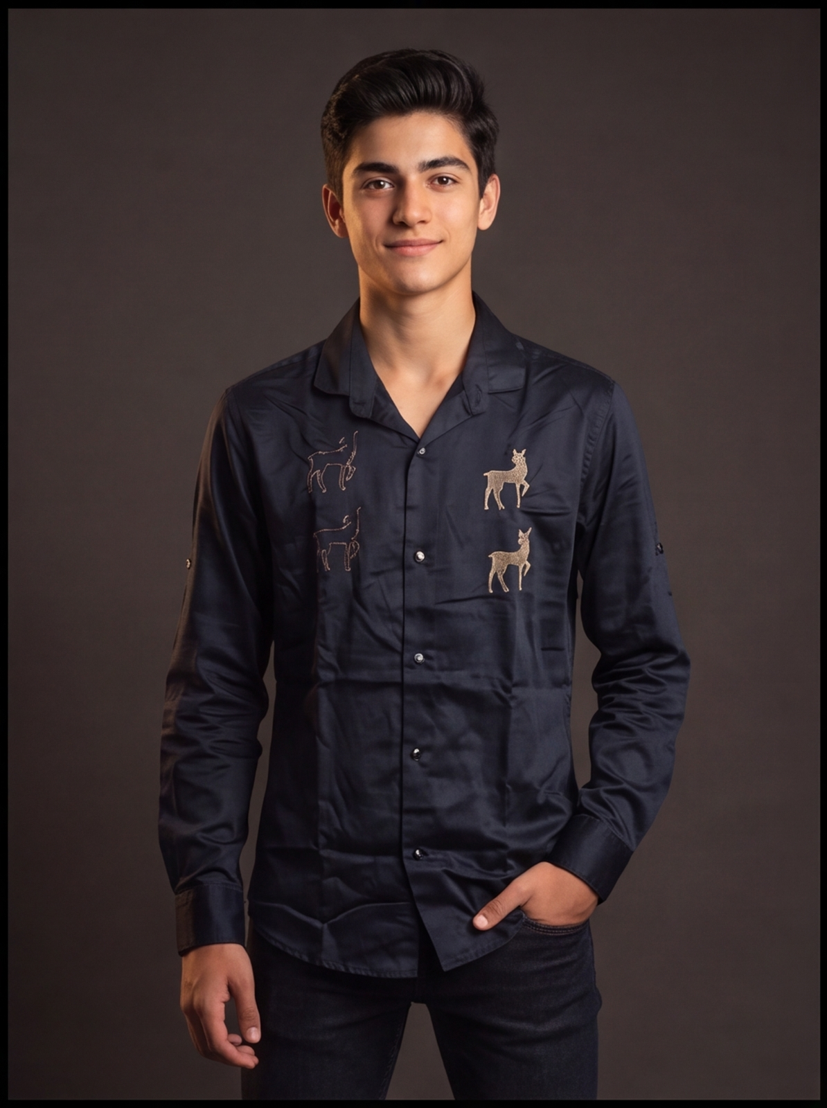 DIO Boys Sequin Embroidery Satin Shirt, Navy Blue, front view