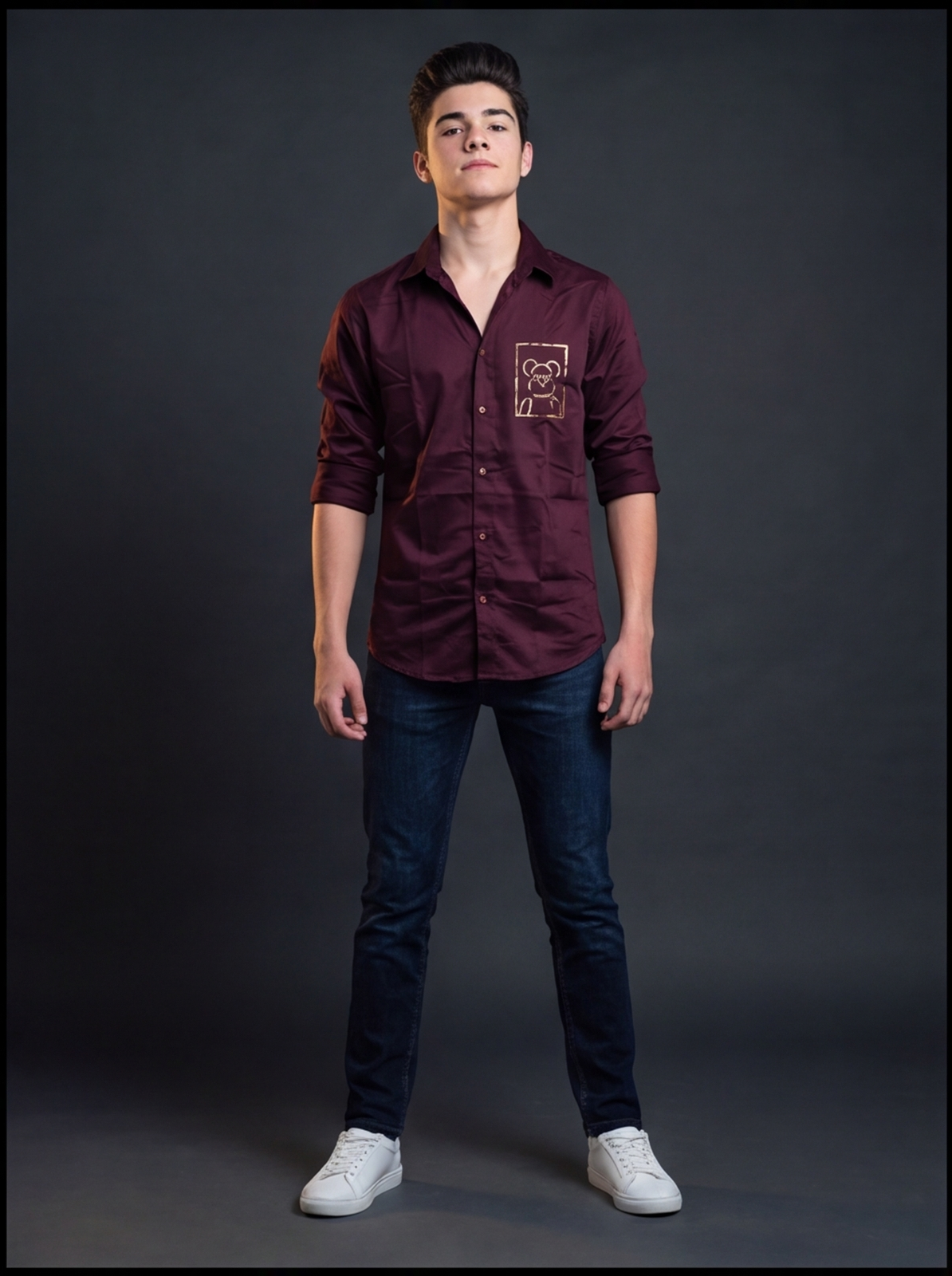 DIO Boys Sequin & Embroidery Satin Shirt, Sky & Bottle Green, front view
