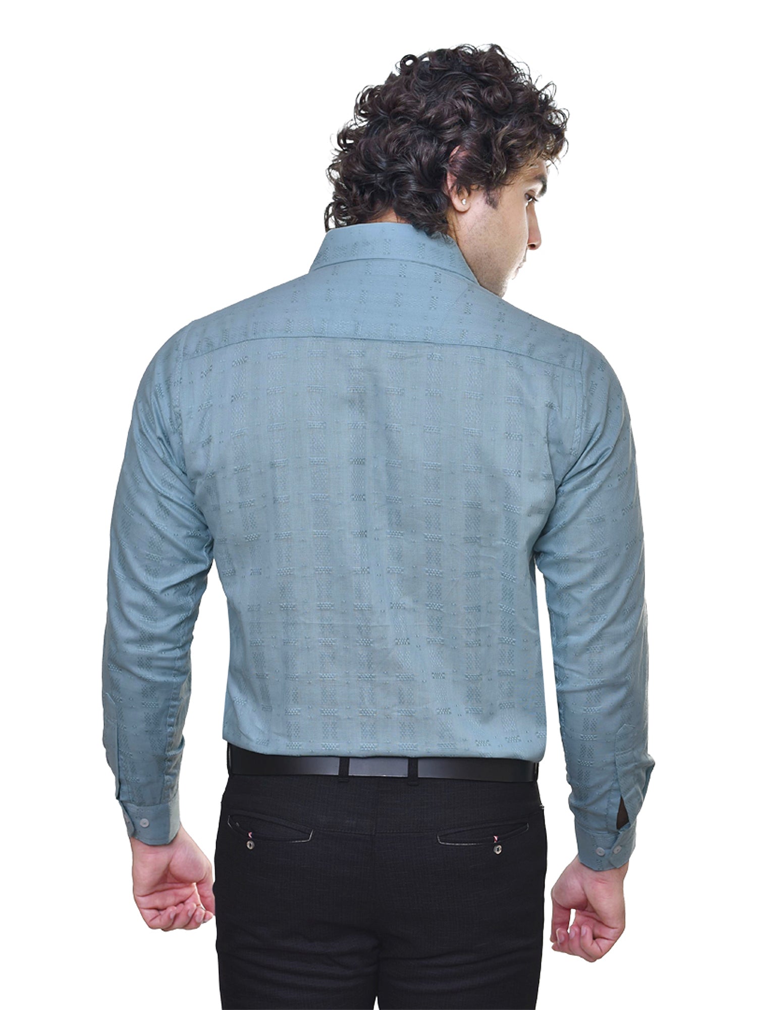 Man wearing a light blue shirt with a white background