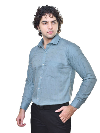 Man wearing a light blue shirt on a white background