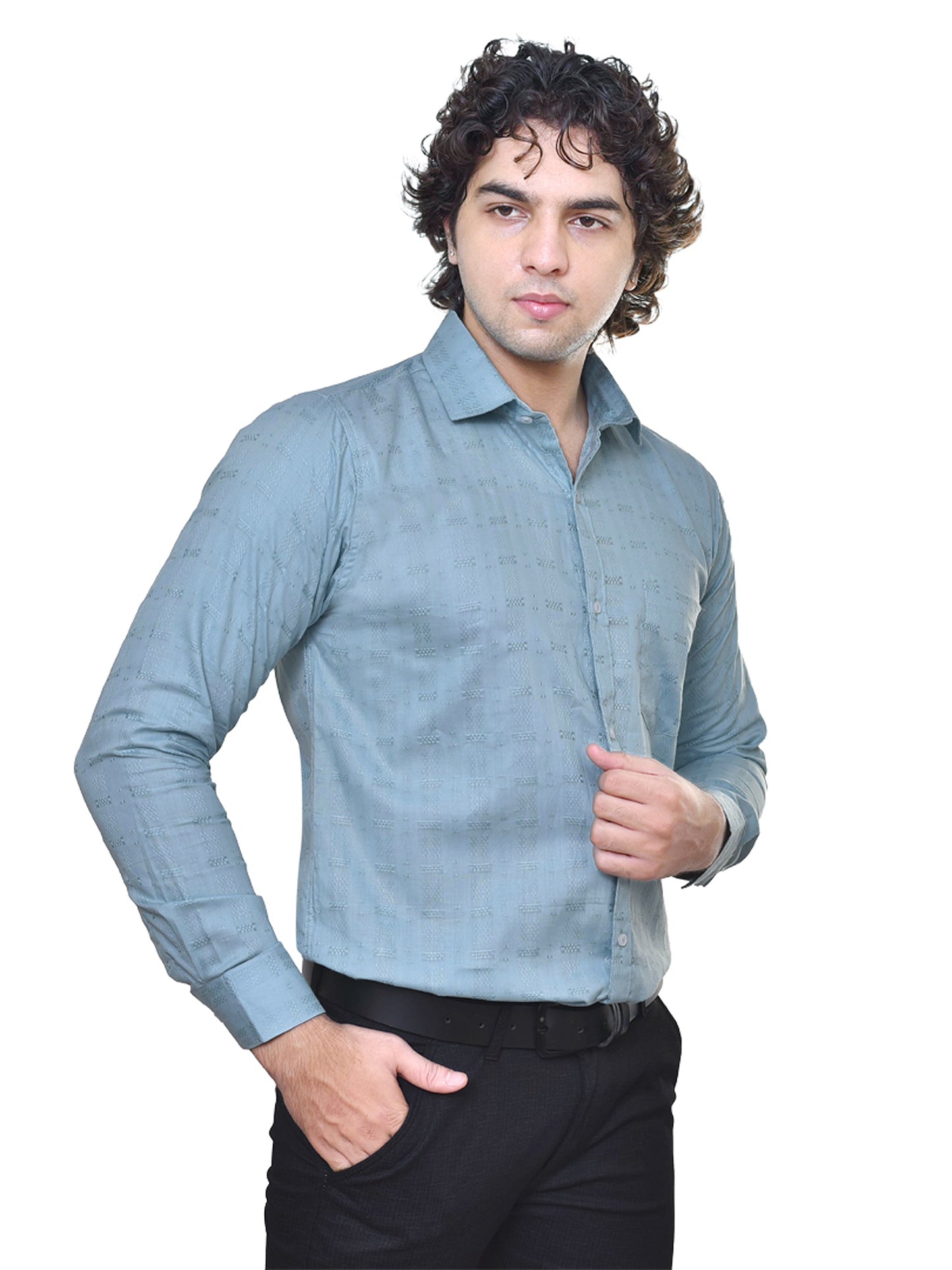 Man wearing a light blue shirt on a white background